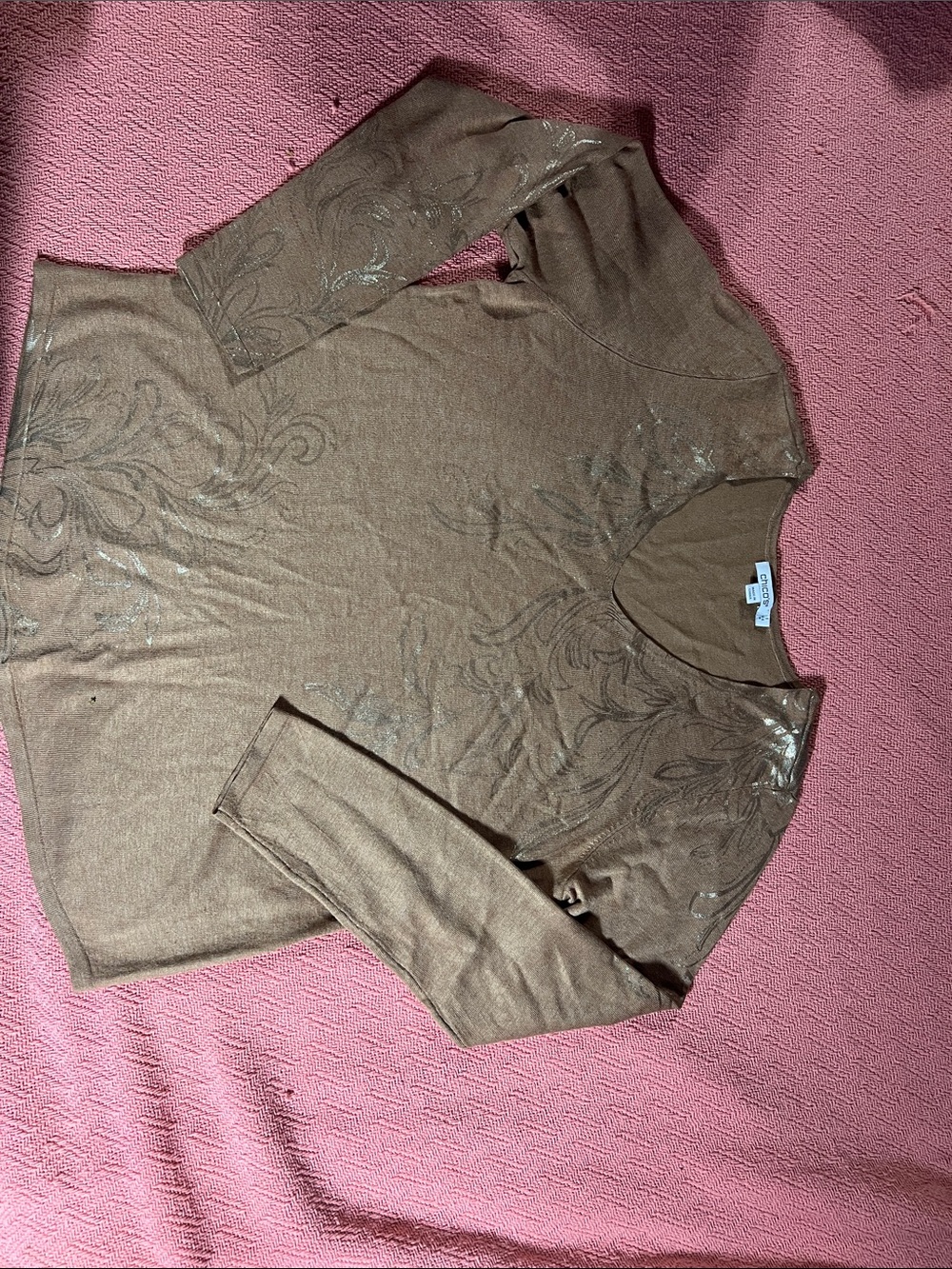 Chico's Metallic Bronze Floral-Accent Long Sleeve Tan with gold embellishment.